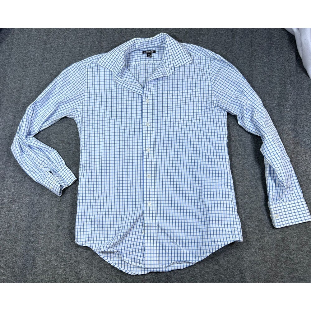 George Men’s S 34-36 Blue White Check Long Sleeve Button Down Cotton Shirt
